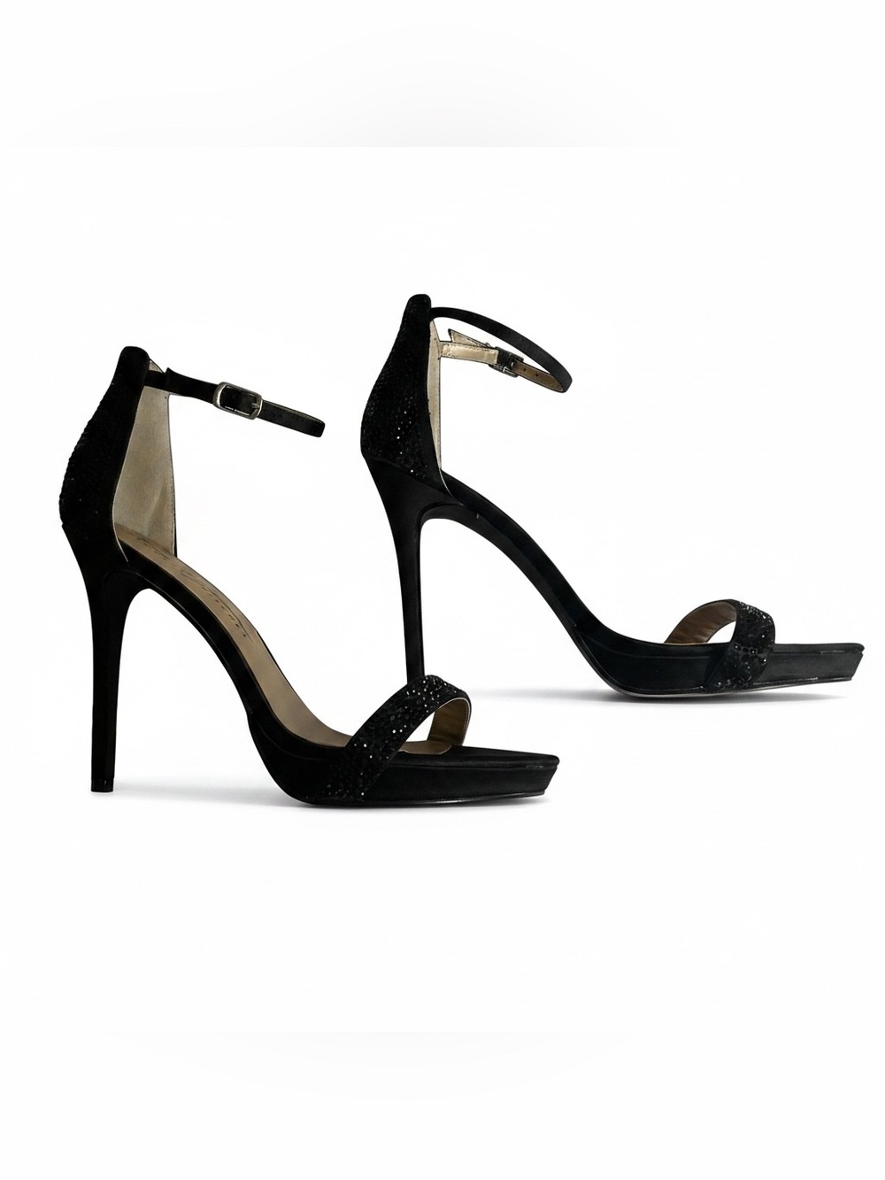 Badgley Mischka Black Rhinestone Ankle Strap Heels Sz 8M
